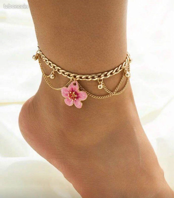 Chaîne de cheville dorée chaînettes et fleur rose 2877 à 6.99€€